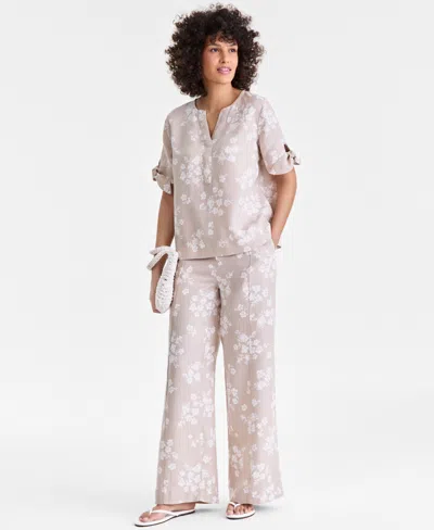 Charter Club Women's 100% Linen Woven Pleated Wide-leg Pants, Created For Macy's In Neutral