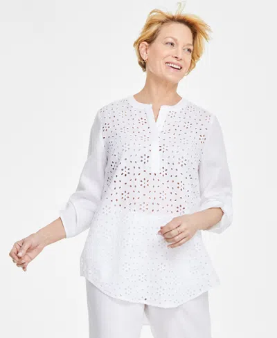 Charter Club Women's 100% Linen Woven Popover Tunic Top, Created For Macy's In Bright White