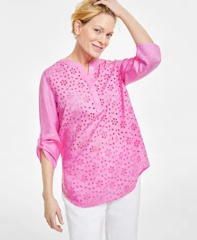 Charter Club Women's 100% Linen Woven Popover Tunic Top, Created For Macy's In Bubble Bath