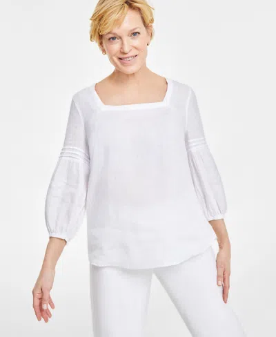 Charter Club Women's 100% Linen Woven Square-neck Top, Created For Macy's In Bright White