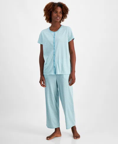 Charter Club Women's 2-pc. Cotton Printed Cropped Pajamas Set, Created For Macy's In Feeder Stripe Glass