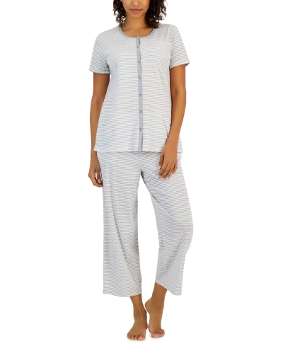 Charter Club Women's 2-pc. Cotton Printed Cropped Pajamas Set, Created For Macy's In Heather Feeder Stripe