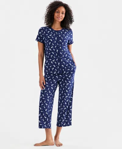 Charter Club Women's 2-pc. Cotton Printed Cropped Pajamas Set, Created For Macy's In Blue