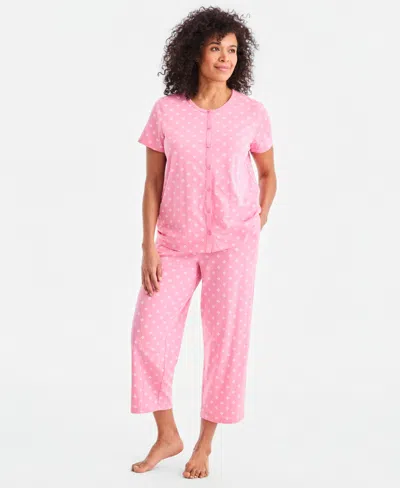 Charter Club Women's 2-pc. Cotton Printed Cropped Pajamas Set, Created For Macy's In Pink Radial Geo