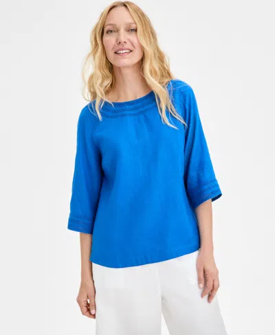 Charter Club Women's 3/4-sleeve 100% Linen Blouse, Exclusively At Macy's In Vibrant Blue