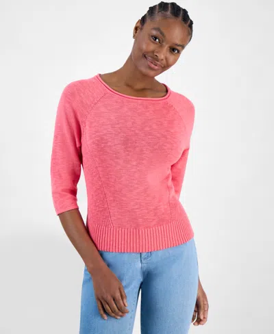 Charter Club Women's 3/4-sleeve Linen-blend Sweater, Exclusively At Macy's In Coral Flash