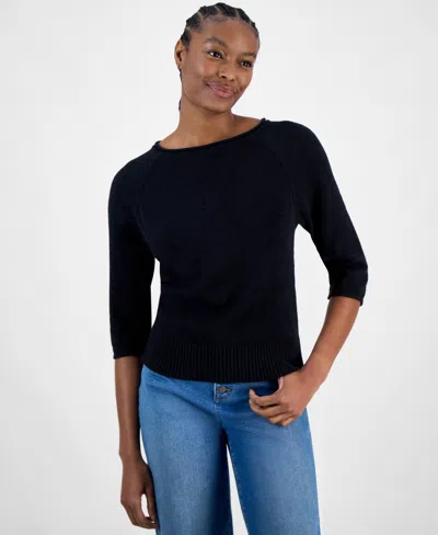 Charter Club Women's 3/4-sleeve Linen-blend Sweater, Exclusively At Macy's In Deep Black