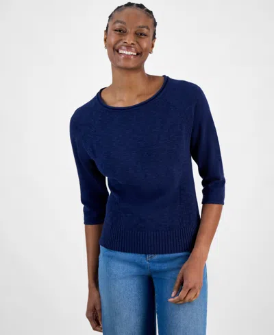 Charter Club Women's 3/4-sleeve Linen-blend Sweater, Exclusively At Macy's In Intrepid Blue