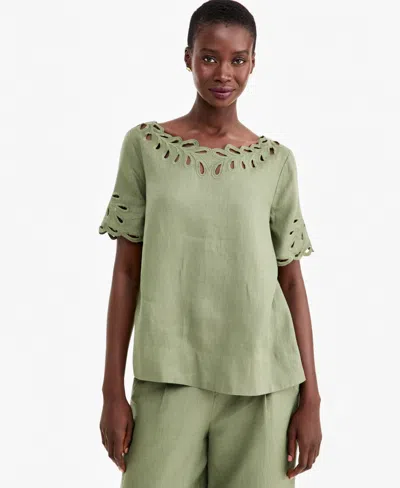 Charter Club Women's Boat Neck Short Sleeve Scalloped-edge Linen Blouse, Macy's Exclusive In Cool Olive