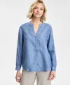 Charter Club Women's Button-down Roll-tab-sleeve Woven 100% Linen Top, Exclusively At Macy's In Blue Ocean