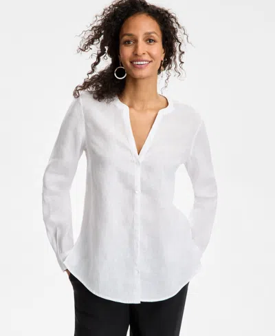 Charter Club Women's Button-down Roll-tab-sleeve Woven 100% Linen Top, Exclusively At Macy's In Bright White