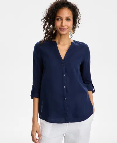 Charter Club Women's Button-down Roll-tab-sleeve Woven 100% Linen Top, Exclusively At Macy's In Intrepid Blue