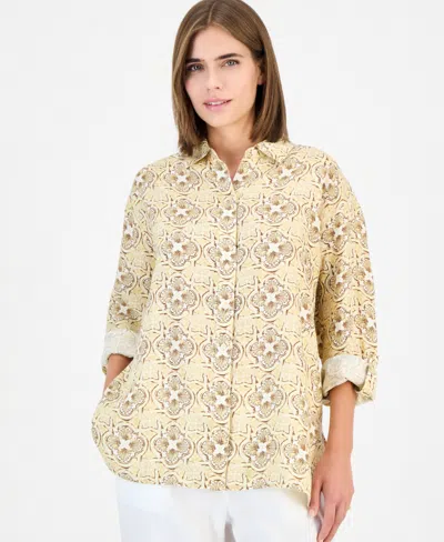 Charter Club Women's Button-front 3/4-sleeve With Roll Tab 100% Linen Tunic, Macy's Exclusive In Yellow