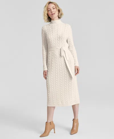 Charter Club Women's Cashmere Cable-knit Mock Neck Midi Dress, Created For Macy's In Vanilla Ice