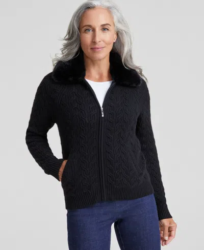 Charter Club Women's Cashmere Faux-fur-collar Cable-knit Jacket, Created For Macy's In Classic Black