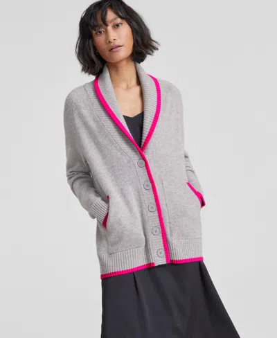 Charter Club Women's Cashmere Tipped Shawl-collar Boyfriend Cardigan, Created For Macy's In Ice Grey Heather