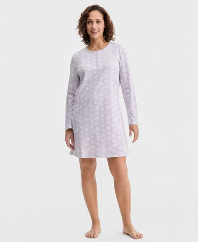 Charter Club Women's Cotton Printed Long Sleeve Henley Sleepshirt, Created For Macy's In Silver