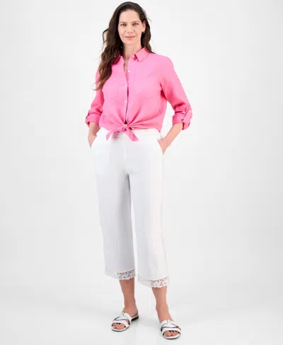 Charter Club Women's Crochet-trim 100% Linen Cropped Pants, Exclusively At Macy's