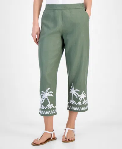 Charter Club Women's Embroidered 100% Linen Cropped Pants, Exclusively At Macy's In Cool Olive