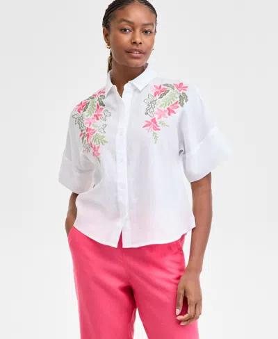 Charter Club Women's Embroidered 100% Linen Shirt, Exclusively At Macy's In Bright White