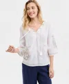 Charter Club Women's Embroidered 100% Linen Split-neck Tunic, Macy's Exclusive In White