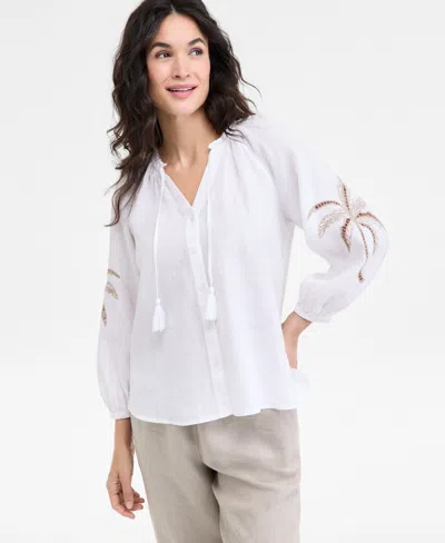 Charter Club Women's Embroidered 100% Linen Top, Exclusively At Macy's In Bright White