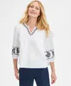 Charter Club Women's Embroidered 100% Linen Top, Exclusively At Macy's In White