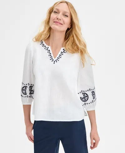 Charter Club Women's Embroidered 100% Linen Top, Exclusively At Macy's In Bright White