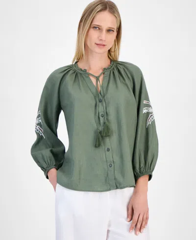 Charter Club Women's Embroidered 100% Linen Top, Exclusively At Macy's In Cool Olive