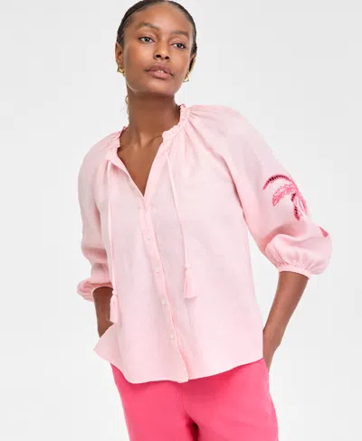 Charter Club Women's Embroidered 100% Linen Top, Exclusively At Macy's In Warm Blush