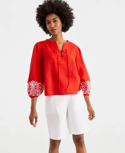Charter Club Women's Embroidered Blouson-sleeve 100% Linen Blouse, Macy's Exclusive In Red