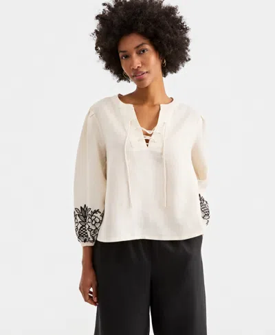 Charter Club Women's Embroidered Blouson-sleeve 100% Linen Blouse, Macy's Exclusive In Neutral