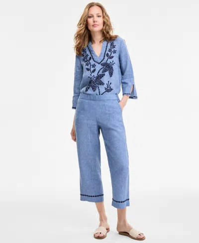 Charter Club Women's Embroidered-cuff 100% Linen Woven Cropped Pants, Exclusively At Macy's