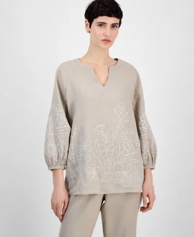 Charter Club Women's Embroidered 100% Linen 3/4-sleeve Top, Exclusively At Macy's In Flax Combo