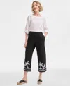 Charter Club Women's Embroidered 100% Linen Cropped Pants, Exclusively At Macy's In Deep Black