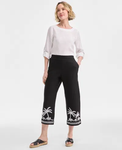 Charter Club Women's Embroidered 100% Linen Cropped Pants, Exclusively At Macy's In Deep Black