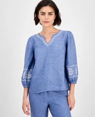 Charter Club Women's Embroidered Woven 100% Linen Eyelet Top, Exclusively At Macy's