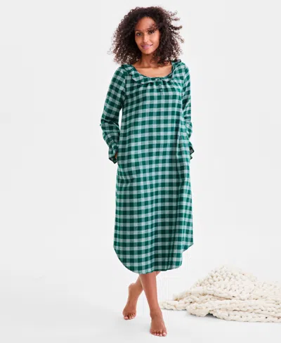 Charter Club Women's Flannel Ruffle-neck Long Sleeve Nightgown In Green