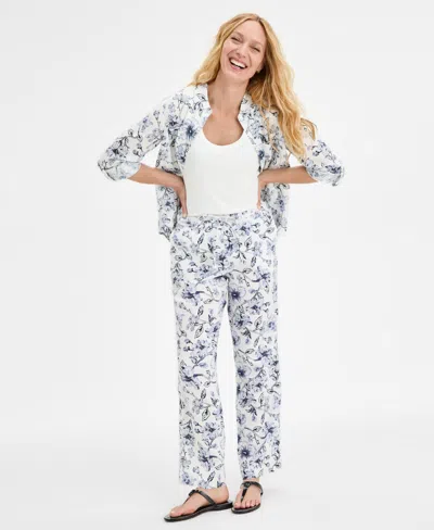 Charter Club Women's Floral-print 100% Linen Pants, Exclusively At Macy's In Bright White