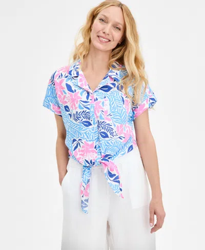 Charter Club Women's Floral-print 100% Linen Tie-front Top, Exclusively At Macy's In Bright White