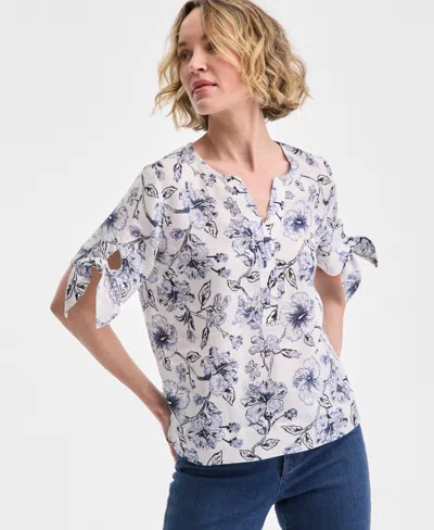 Charter Club Women's Hibiscus Garden 100% Linen Tie-sleeve Top, Exclusively At Macy's In Bright White