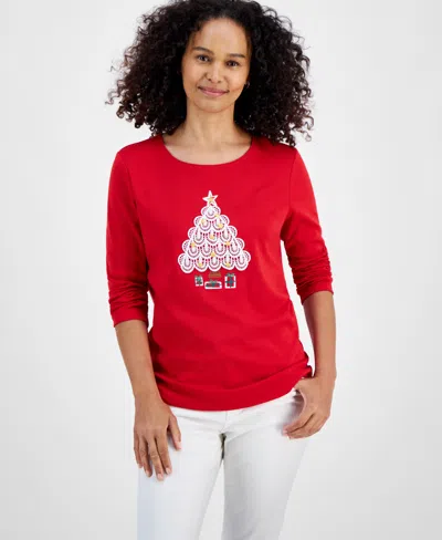 Charter Club Women's Crochet Tree Long-sleeve Tee, Created For Macy's In Ravishing Red Combo
