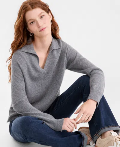 Charter Club Women's Johnny-collar Cashmere Long-sleeve Sweater, Macy's Exclusive In Gray