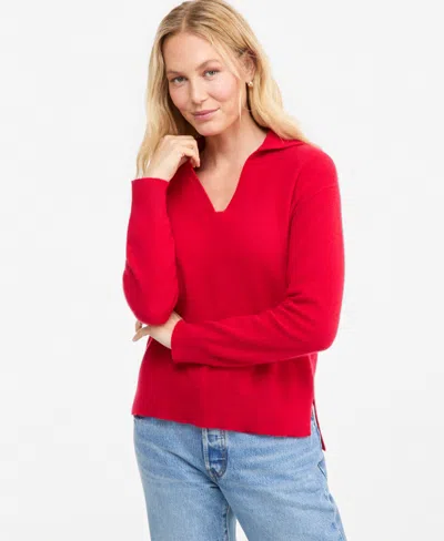 Charter Club Women's Johnny-collar Cashmere Long-sleeve Sweater, Macy's Exclusive In Red