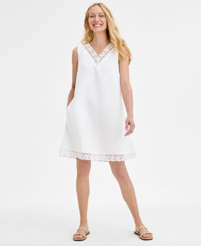 Charter Club Women's Lace-trim 100% Linen Mini Dress, Exclusively At Macy's In Bright White