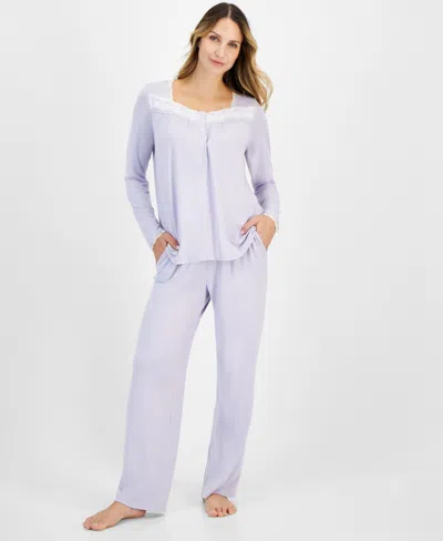 Charter Club Women's Lace-trim Henley Pajama Set, Created For Macy's In Lilac Wash