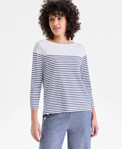 Charter Club Women's Linen Blend Boat-neck 3/4-sleeve Top, Macy's Exclusive In Blue