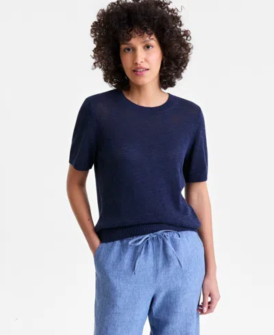 Charter Club Women's Linen Blend Textured Crewneck Short-sleeve Sweater, Macy's Exclusive In Blue