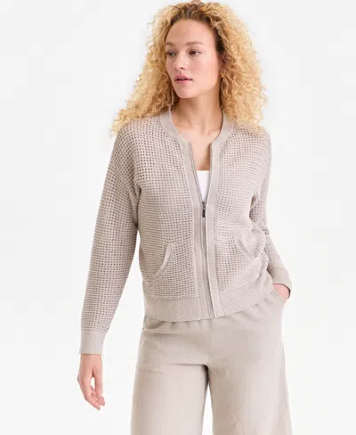 Charter Club Women's Linen Blend Zip Bomber Cardigan Sweater, Macy's Exclusive In Neutral