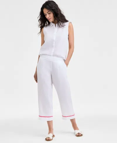 Charter Club Women's Linen Embroidered Cropped Pants, Exclusively At Macy's In Bright White
